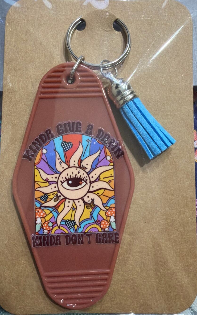 Kinda Give A Damn Brown & Blue Vintage Hotel Motel Keychain Key Chain Handmade